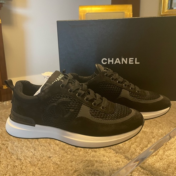 Shoes | Authentic Chanel Black Mesh Suede Sneakers Sz 35 12
